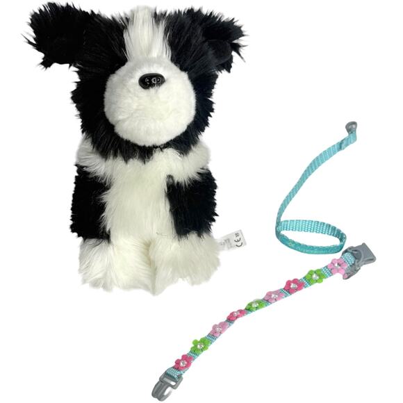 American Girl Sheep Dog Pet Plush Flower Collar Leash Black White Faux Fur Puppy - Picture 2 of 13